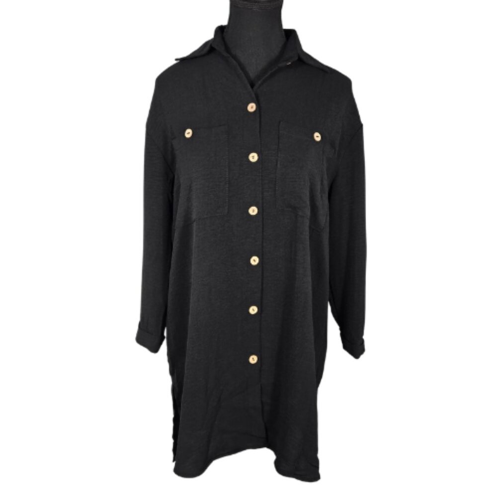 NWOT | Black Button-Down Swimsuit Coverup | Wood-Tone Buttons | Pockets | Medium